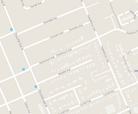 Google street map of Dovercourt between Tweedsmuir and Churchill